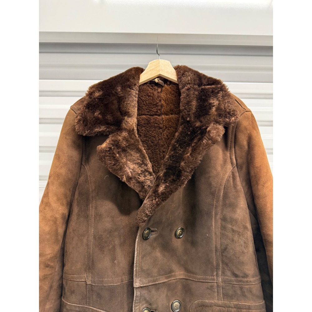 Vintage Brown Shearling Sheepskin Coat Double Breasted Faux Fur Collar Size 50 - Picture 2 of 7